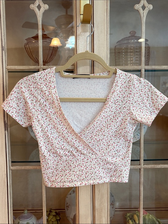 Brandy Melville Tops - EUC Brandy Melville Floral Deep V Crop Top in Delicate Pink Floral